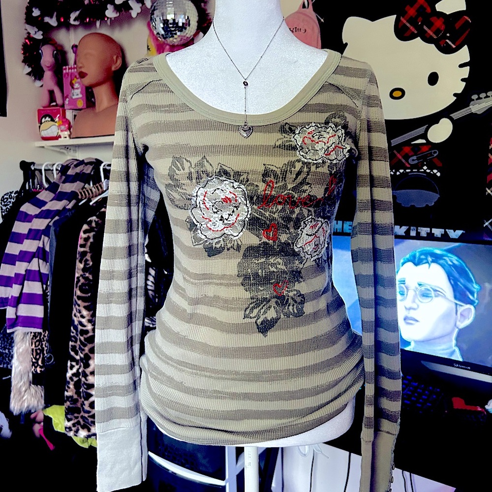 Y2k green striped long sleeve with red embroidery